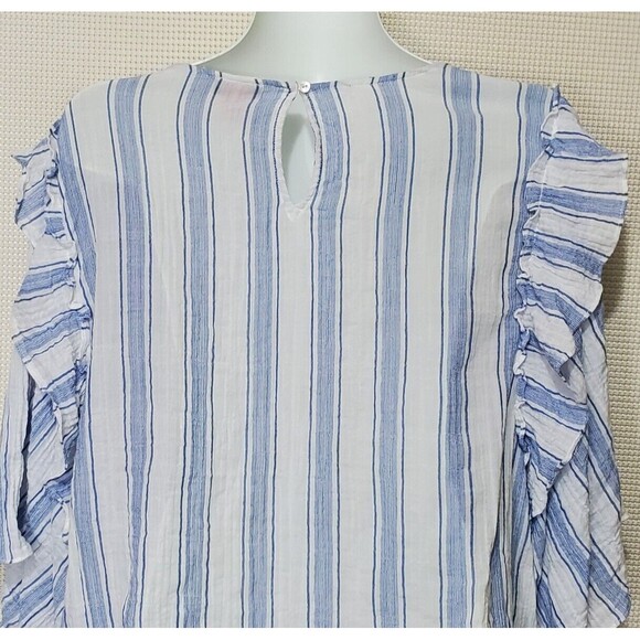 Vince Camuto Top XL White Blue Striped Blouse Ruffle Kimono 3/4 Sleeve Cottage - Picture 6 of 9